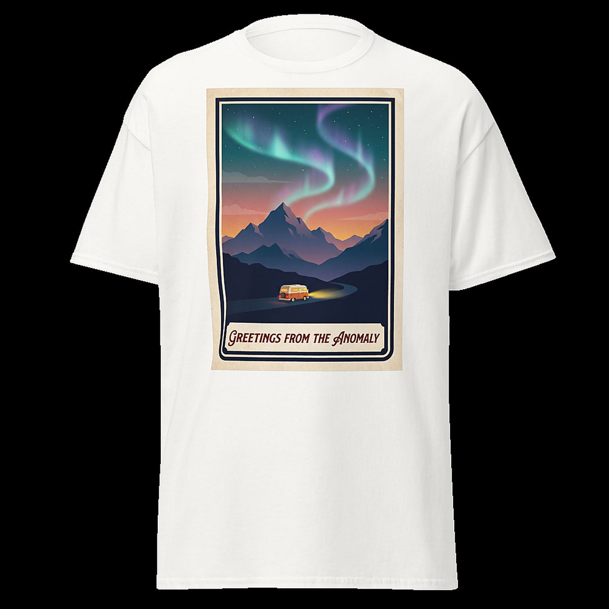 GREETINGS FROM THE ANOMALY white tee - vintage aurora postcard front print