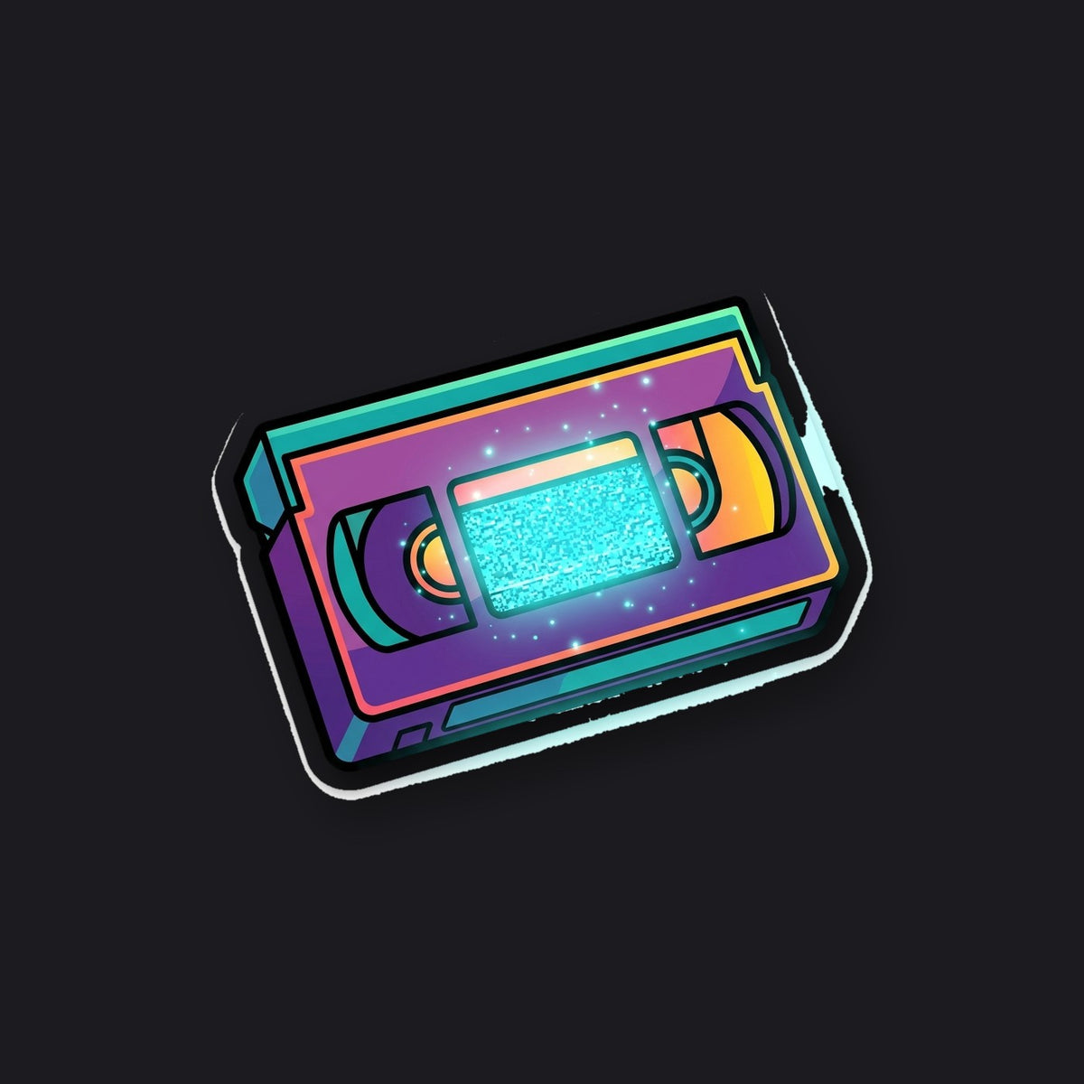 REWIND die-cut sticker - retro VHS tape with glowing static