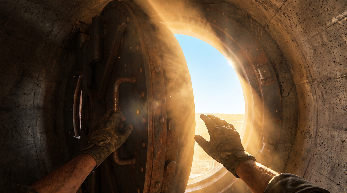 POV hands pushing a steel door open into golden daylight