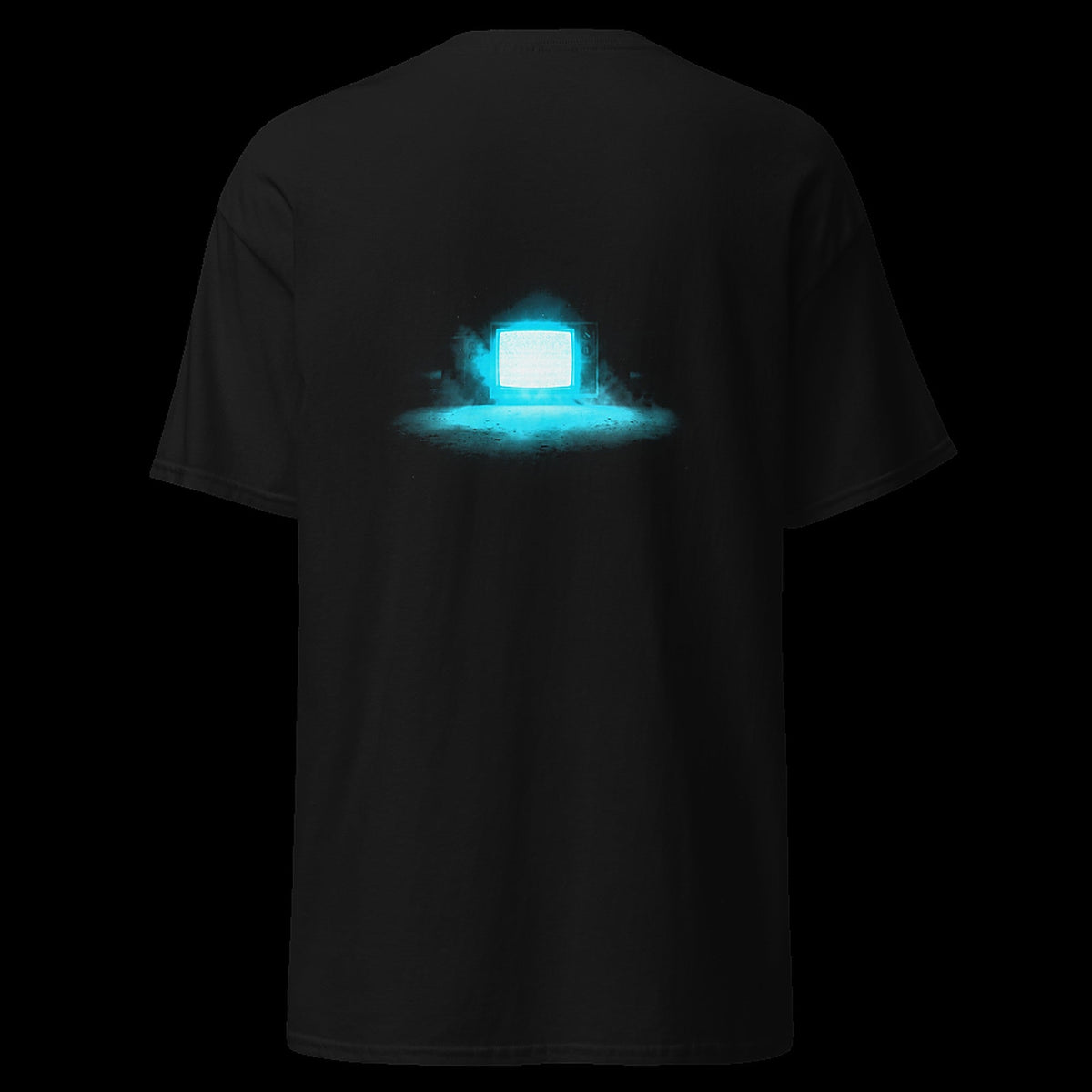 THE BROADCAST tee back - glowing CRT television with cyan static
