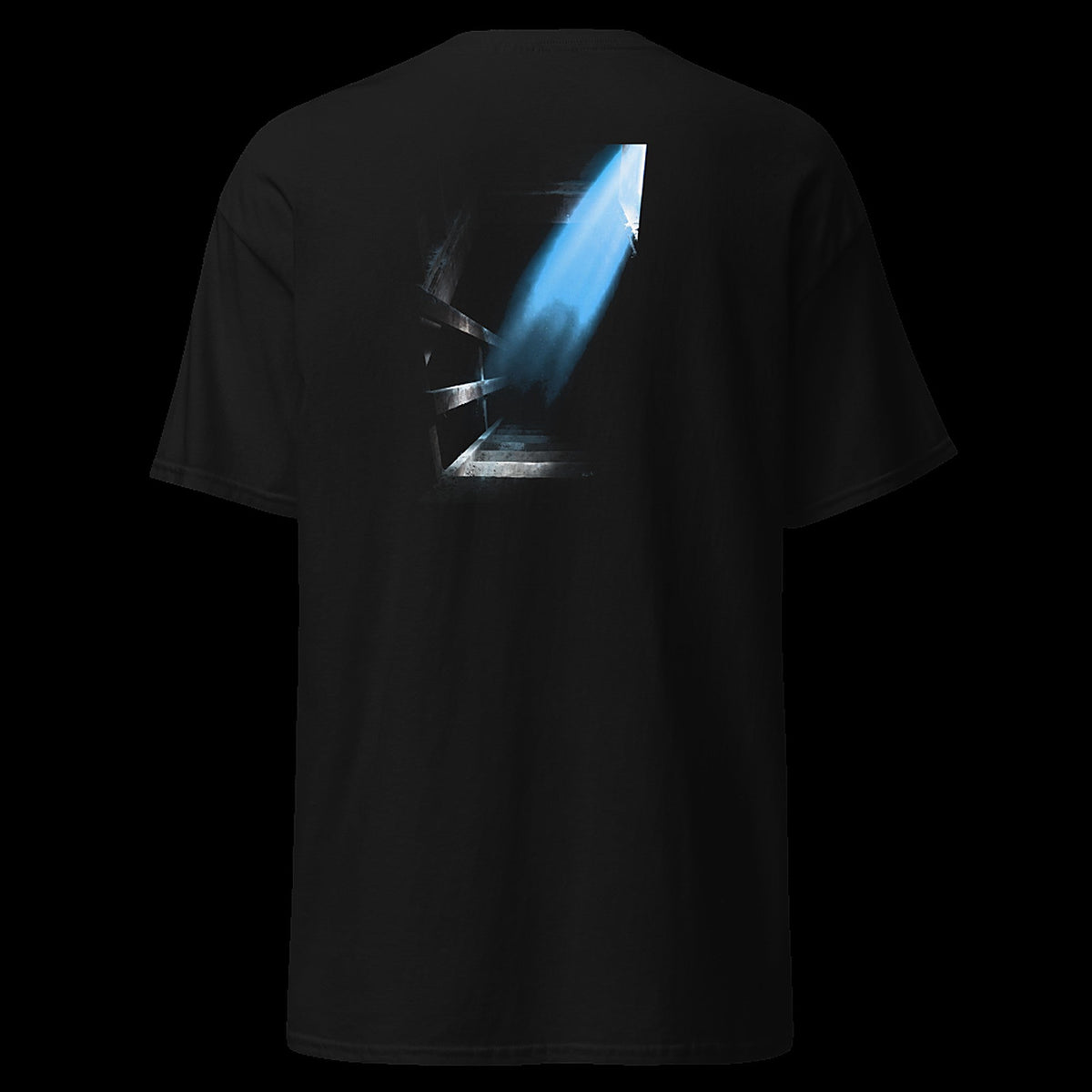 THE DESCENT tee back - cold blue flashlight beam on basement stairs