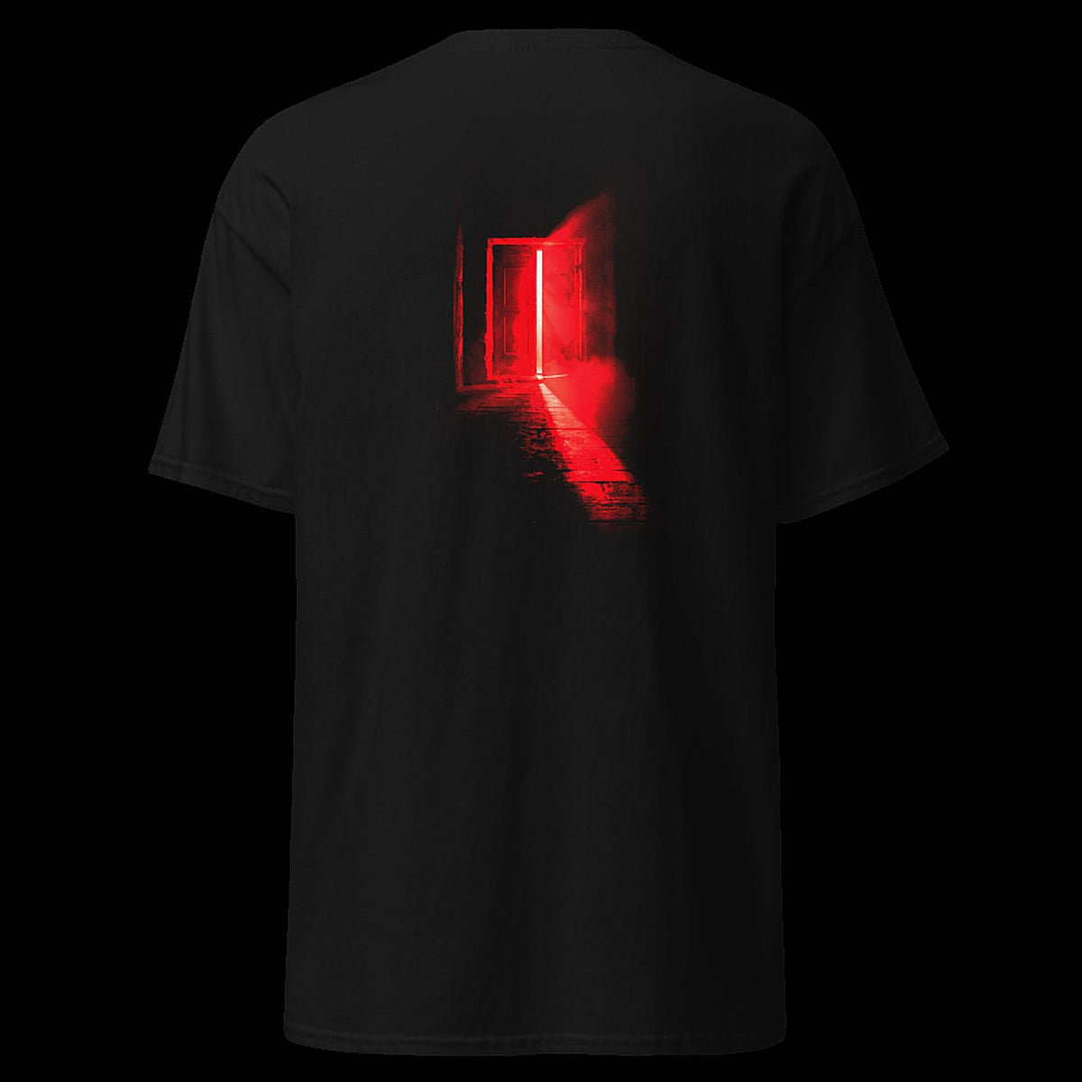 THE LAST DOOR tee back - red corridor door artwork