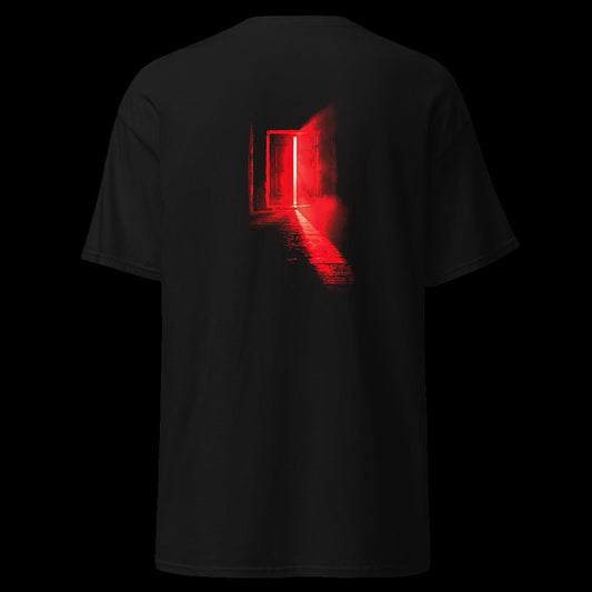 THE LAST DOOR tee back - red corridor door artwork