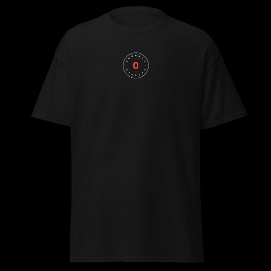 THE HANGAR tee front - circle badge chest mark