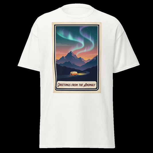 GREETINGS FROM THE ANOMALY white tee - vintage aurora postcard front print