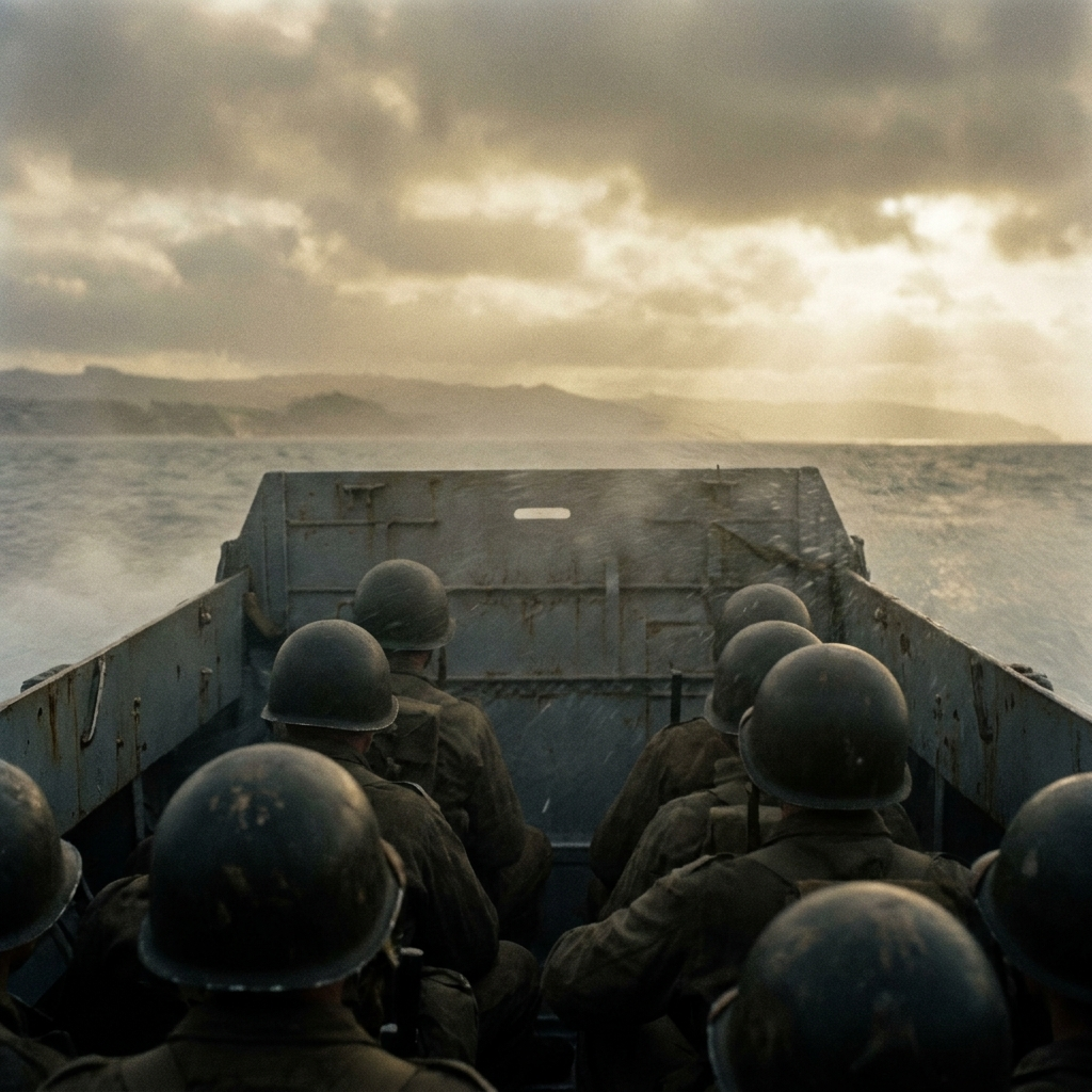 Dawn view from inside a landing craft toward a distant shoreline