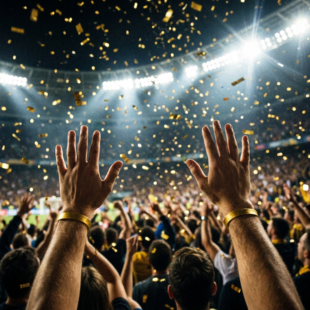 Stadium confetti and floodlights, hands raised