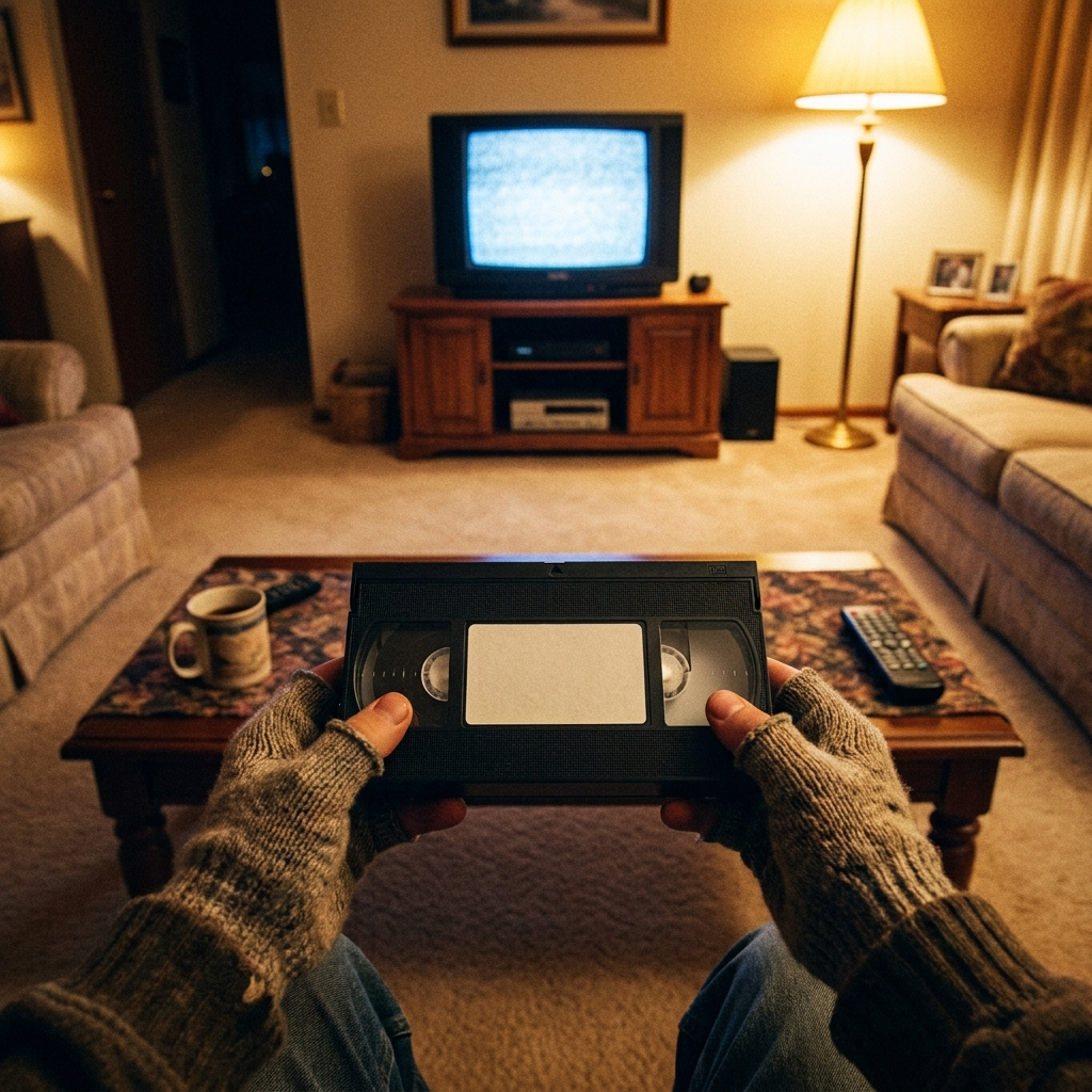 Hands holding a VHS tape in a warm 90s living room