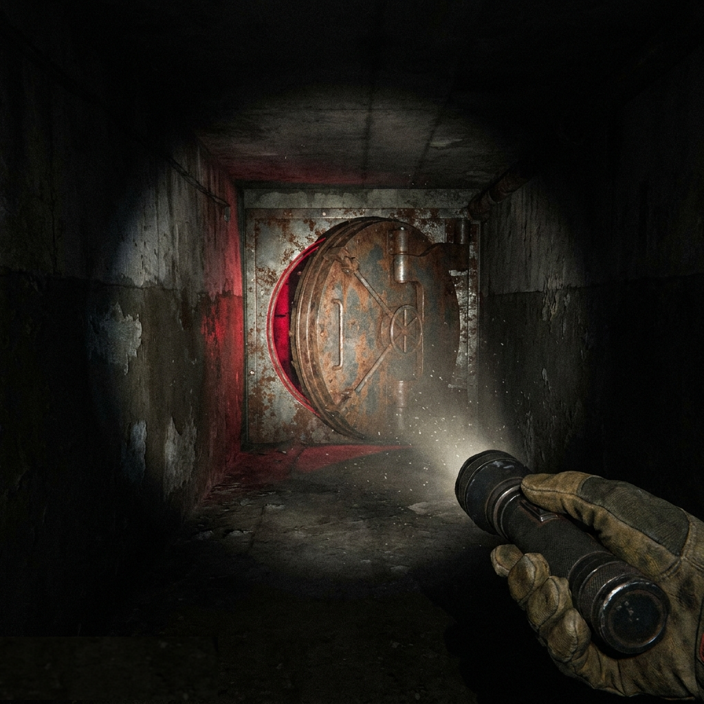 Flashlight beam toward a red-glow vault door