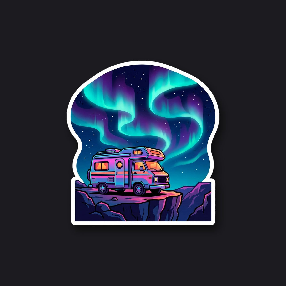 NIGHT SIGNAL die-cut sticker - camper van under aurora