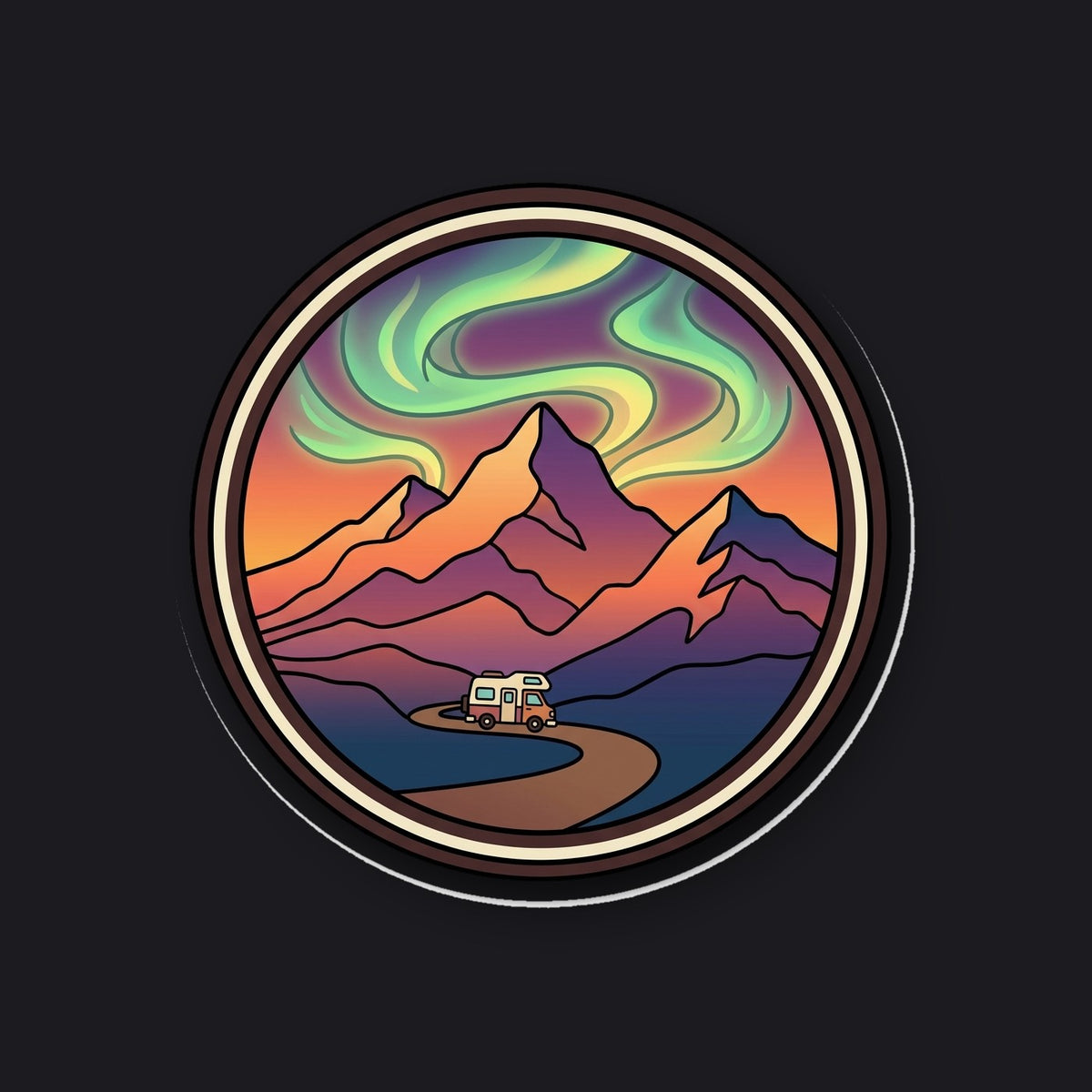 TRAILHEAD circular badge sticker - mountains and aurora