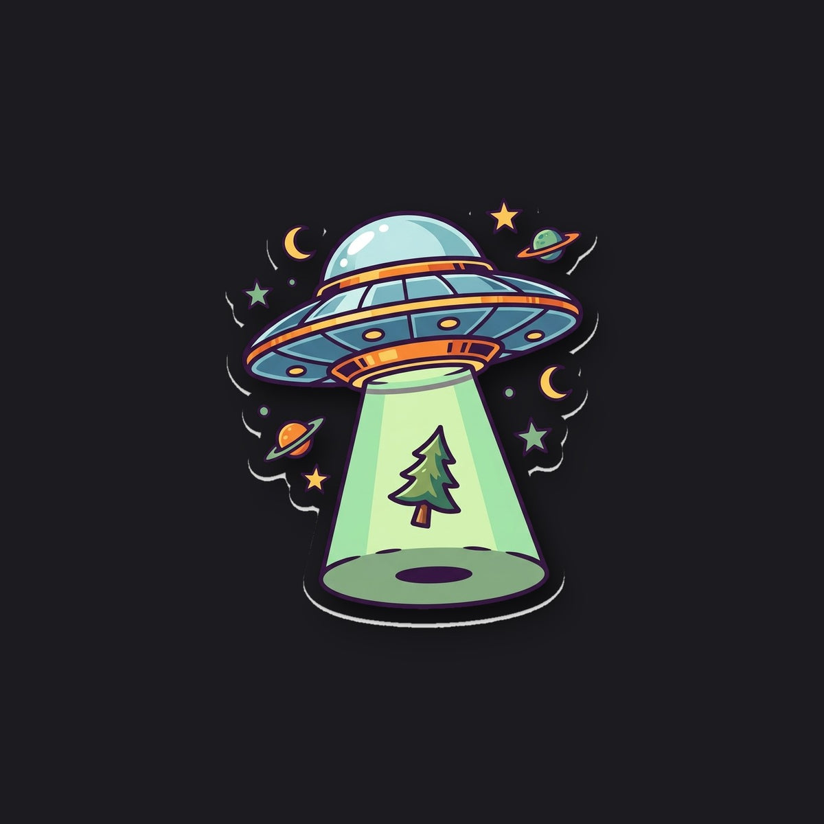 THE VISITOR die-cut sticker - retro UFO beaming up a pine tree